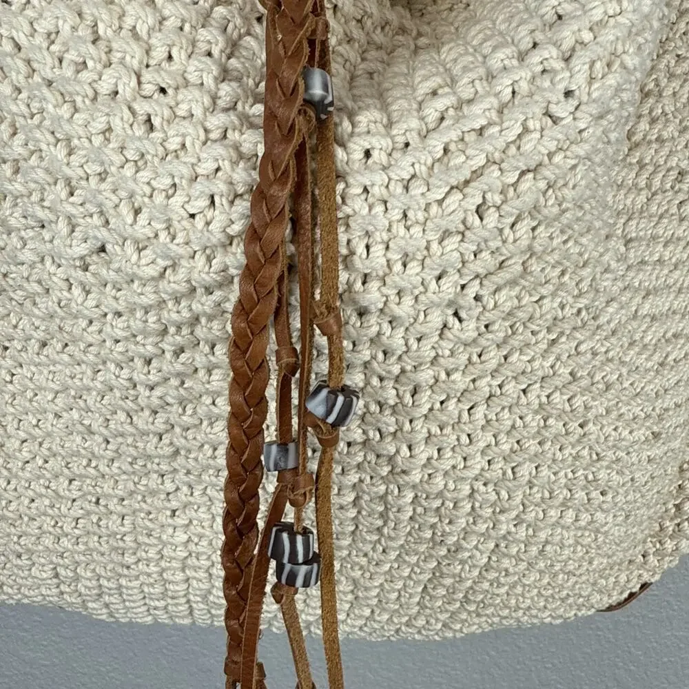 Lucky Brand Ivory Cotton Crochet Leather Trim Boho Hobo Shoulder Bag Purse Tote
